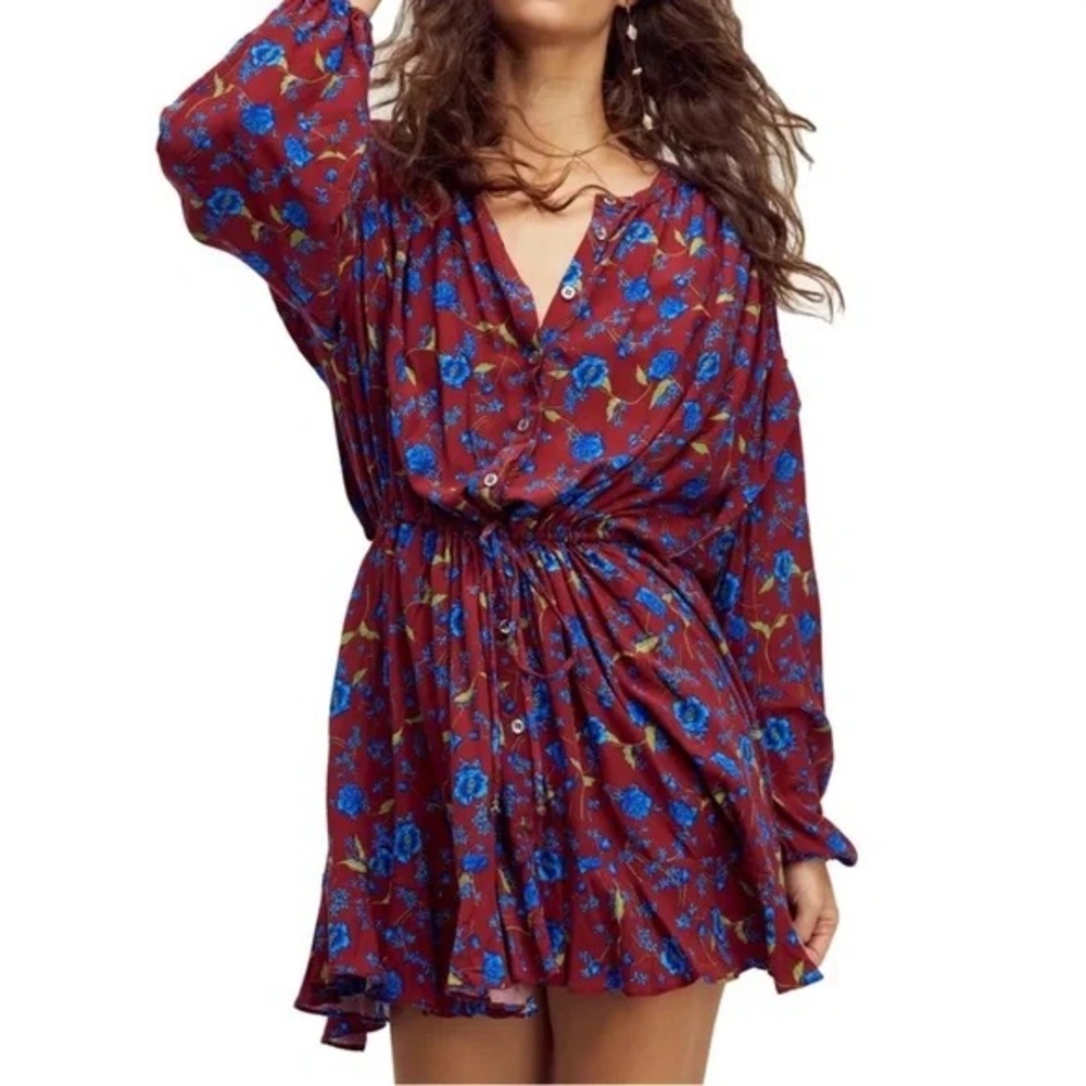 Free People Flower Fields Mini Dress Medium M Burgundy Blue Floral Short Boho